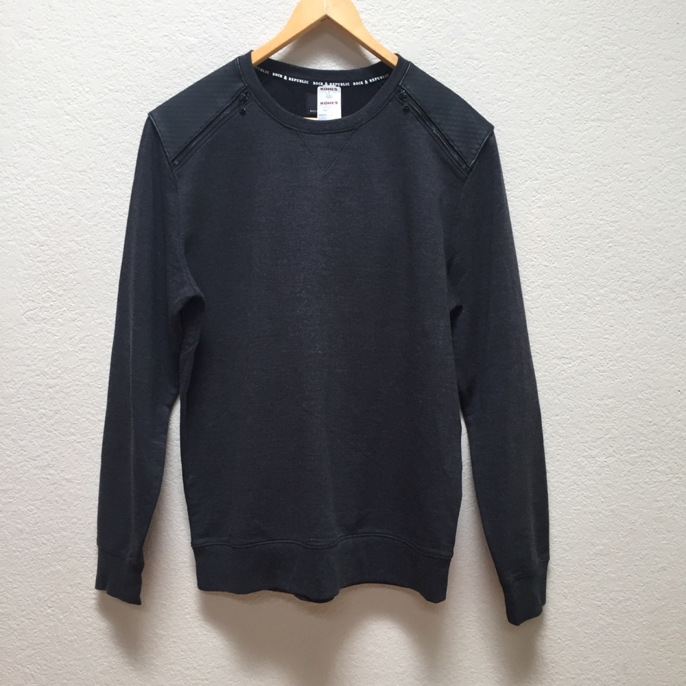 Dark grey gray sweater shirt top. Leather shoulder